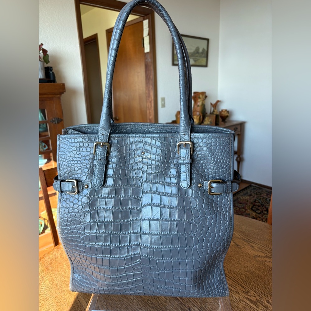 Kate Spade Vanston Croc Jackson Gray Embossed Leather Gold Hardware